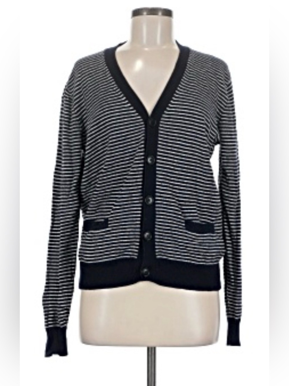 J. CREW Lightweight Merino Wool Buttoned V-Neck Cardigan Navy/White Stripped XXS